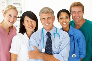 Picture of a group of Physicians and Nurses (3 females and 2 males)