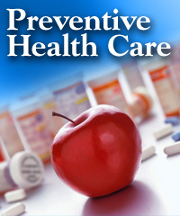 Picture of an apple on a table surrounded with pill bottles and pills. It says:
Preventive Health Care