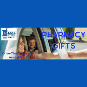 Pharmacy and gifts. Drive-thru service available. Female picking up a prescription from the pharmacy drive-thru window with her toddler son in the backseat of the car.